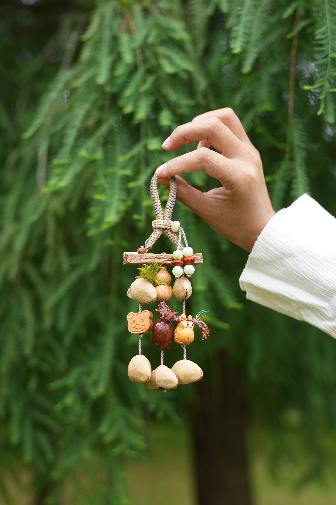 "The Happy Forest Friends" - Natural Mobile Charm with Panda, Birdie & Lucky Gourd