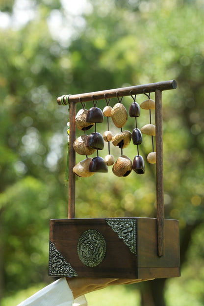 "The Zen Sanctuary" - Vintage Wood Tissue Box with Seed Wind Chime & Silver Relief